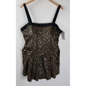 Swimsuits For All Sz. 24 Black & Gold Polka Dot Adjustable Strap Swim Dress NWT